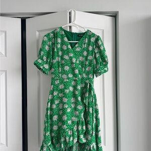 Green Floral Wrap Mini Dress with Puff Sleeves